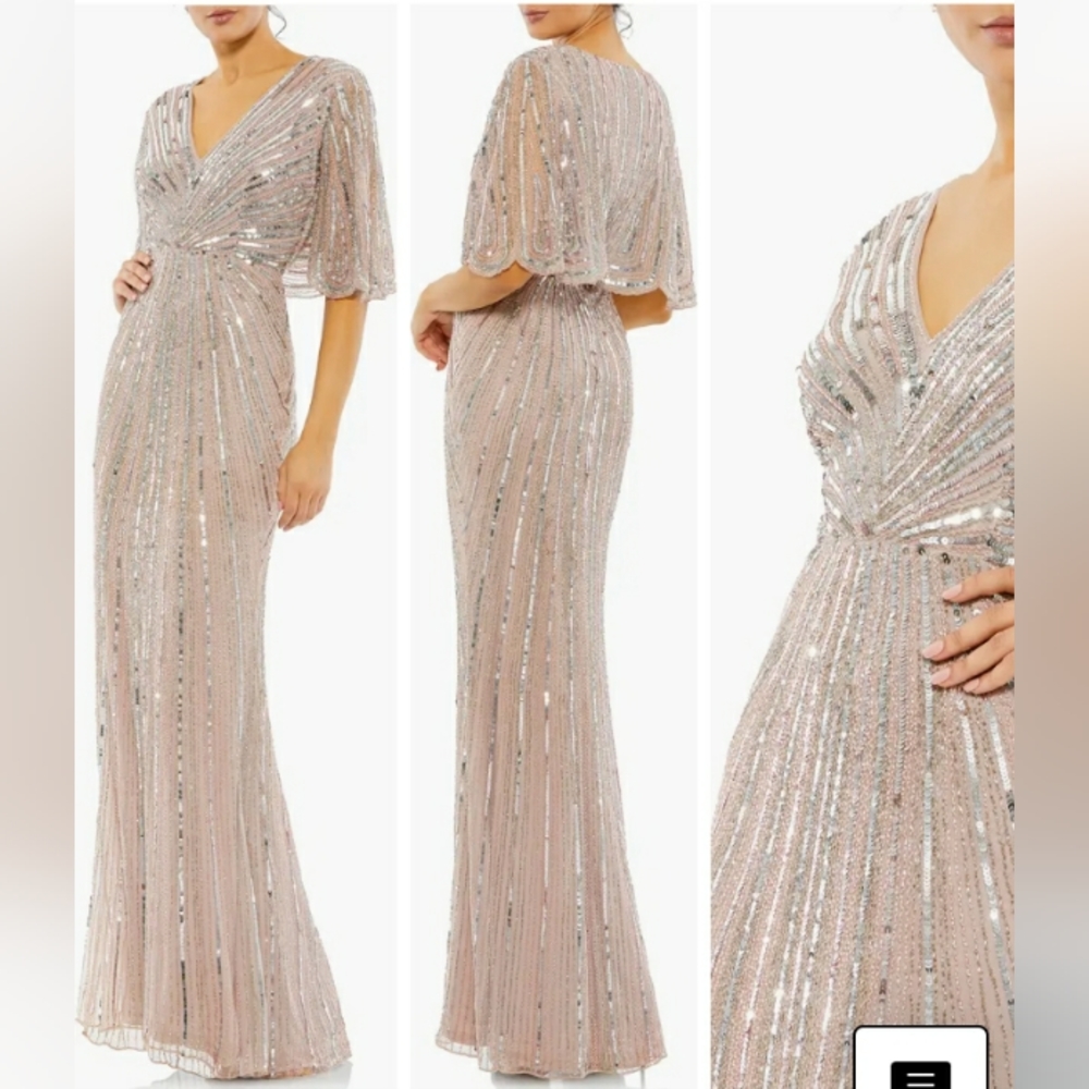 Mac DuggalSequin Twist Waist V-Neck Flutter Short Sleeve Flutter Hem Sheath Gown
